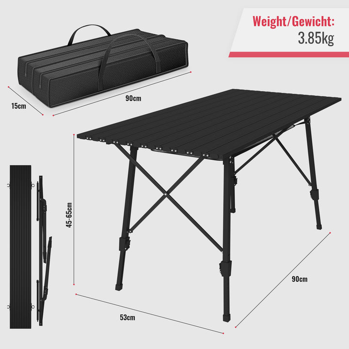 Campingbord - foldbart, højdejusterbart, 90x45 cm, aluminium, sort