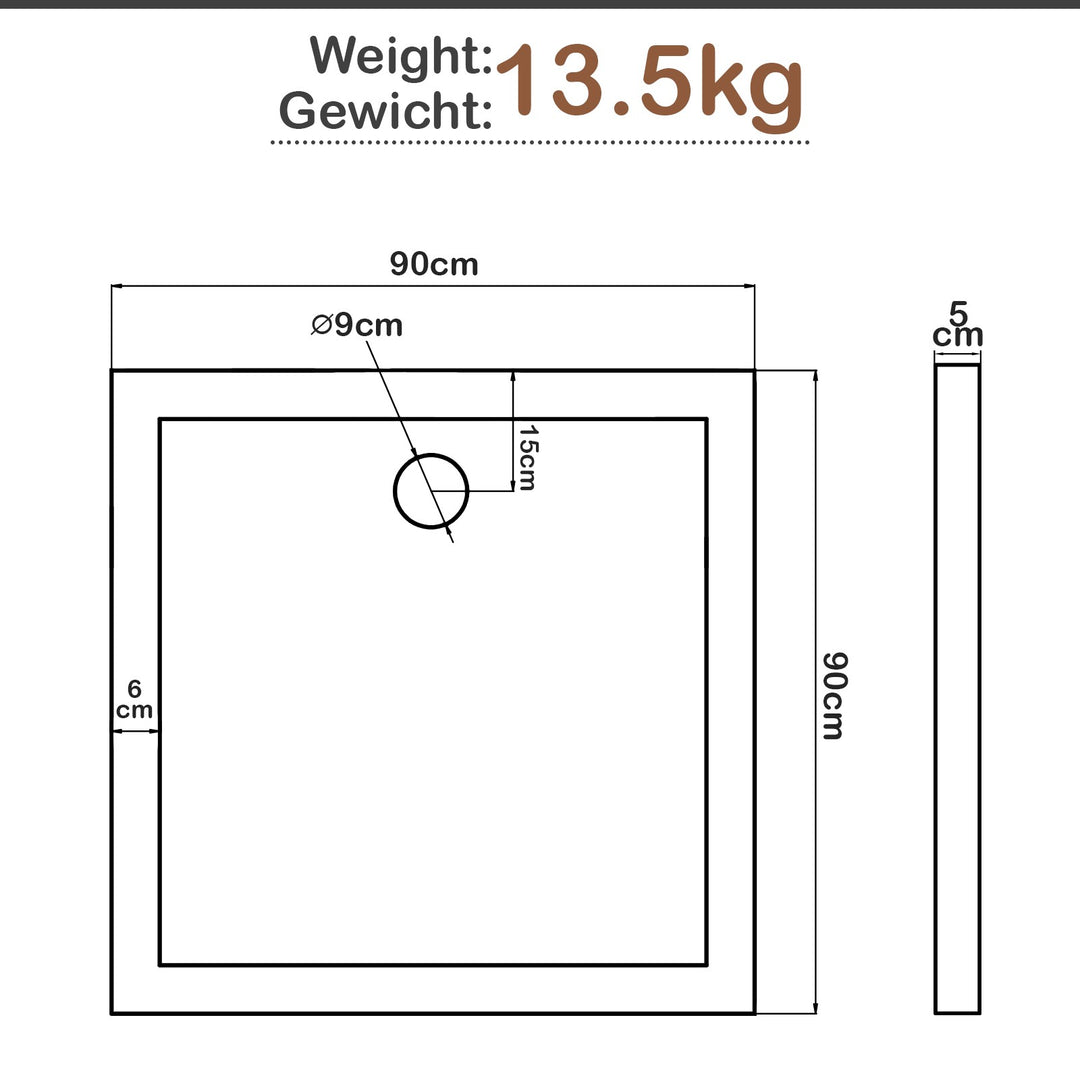 Aquamarine® brusekar - 90 x 90 cm, Firkantet, Rektangulær, Gulvniveau, Akryl, 5 cm Super Flat, Stabil, Hvid - Brusekar, akrylbakke, brusekar, brusekar