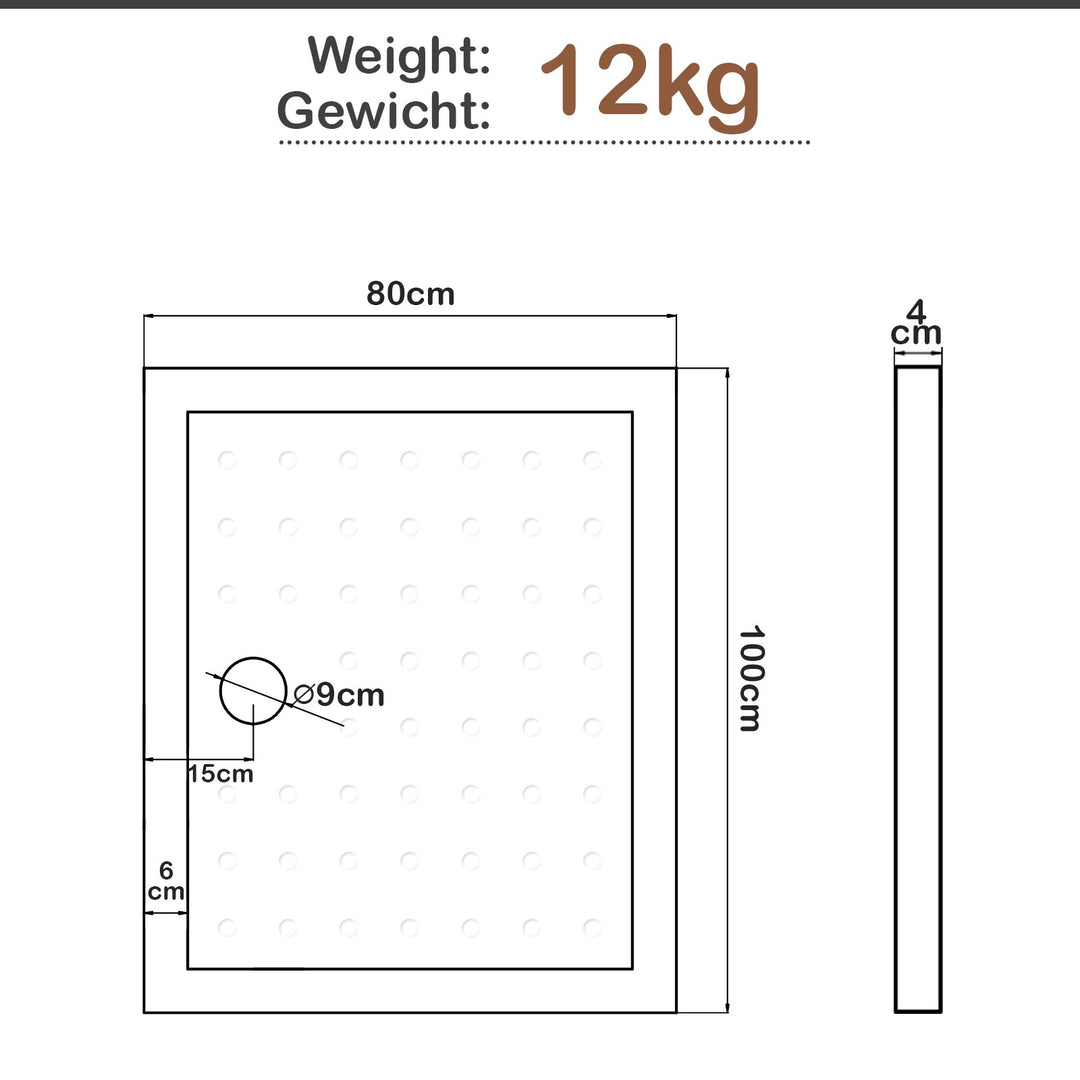 Aquamarine® brusekar - 100 x 80 cm, rektangulær, gulvniveau, akryl, 4 cm super flad, stabil, hvid