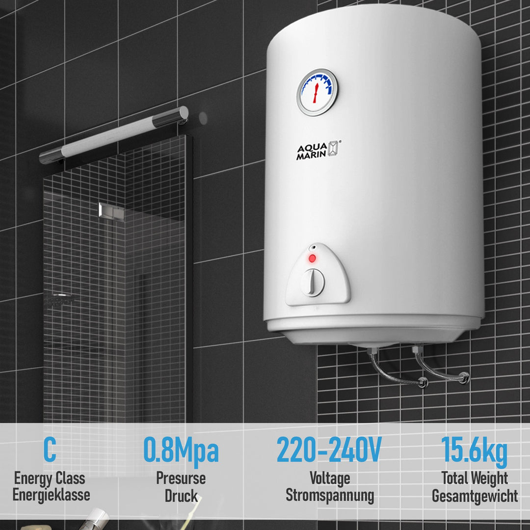 Aquamarine® elektrisk varmtvandsbeholder - 50 liter lager, 1500W varmeeffekt og termometer, energibesparelse, sikkerhedsventil