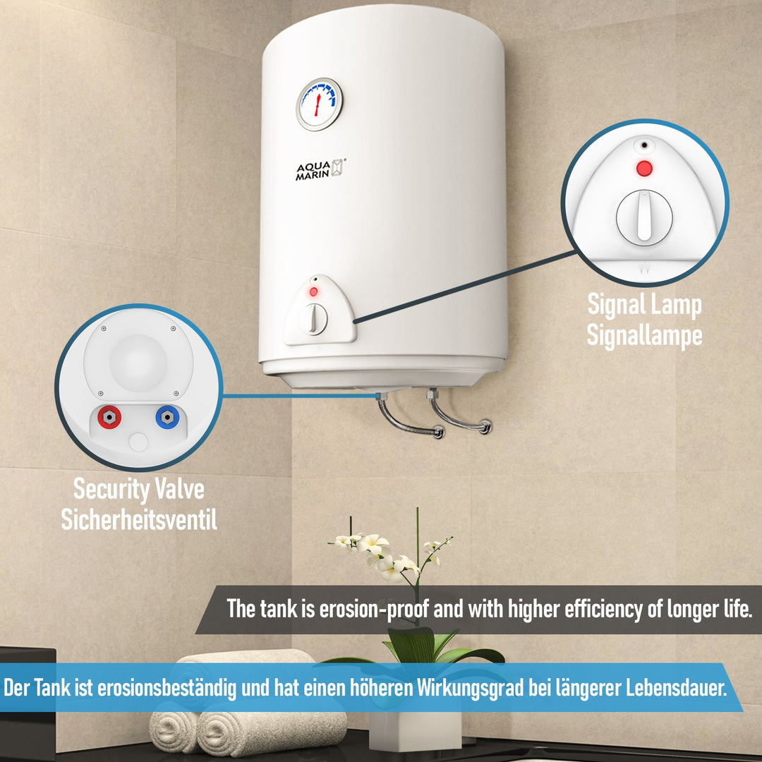 Aquamarine® elektrisk varmtvandsbeholder - 50 liter lager, 1500W varmeeffekt og termometer, energibesparelse, sikkerhedsventil