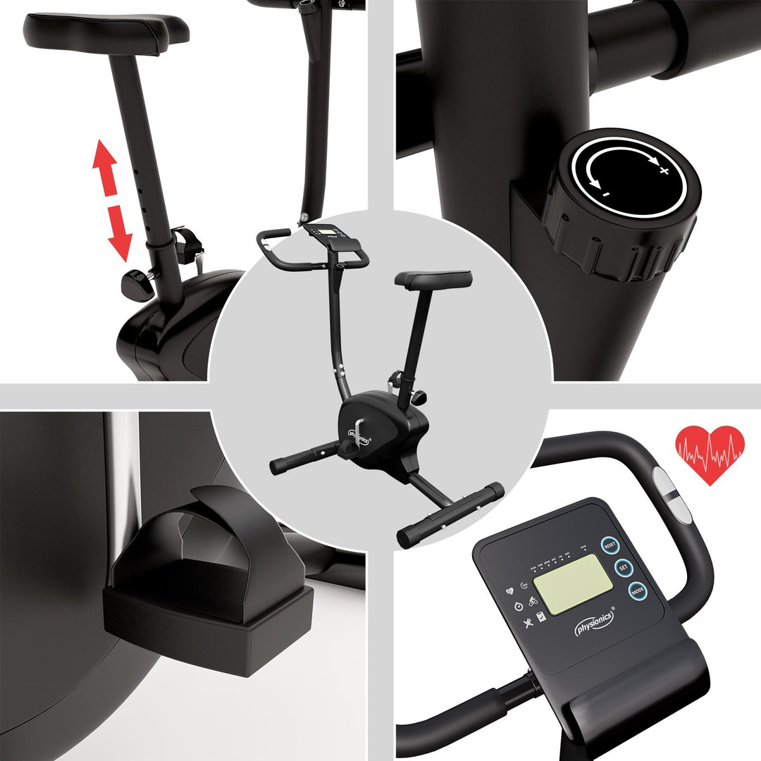 Motionscykel ergometer - med LCD-display, justerbart sæde og modstand, med håndpulssensorer, op til 100 kg, sort