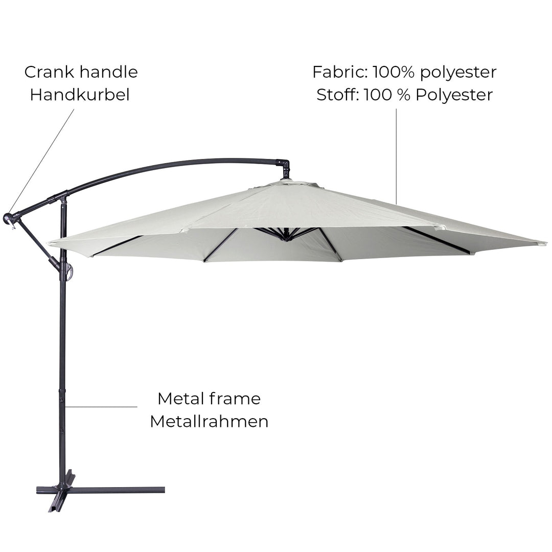 Parasol - 300 cm, med stativ, håndsving, vandafvisende, UV-beskyttelse, vipbar, beige