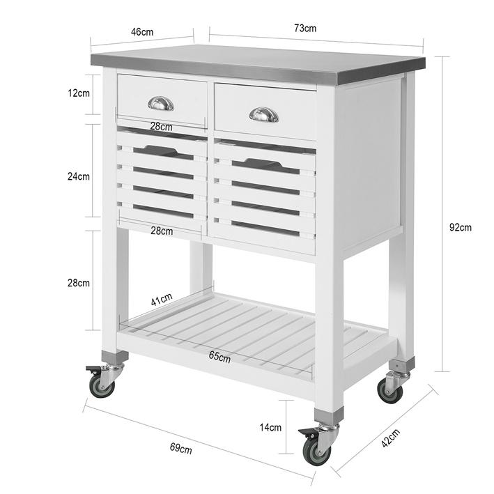 Pladsbesparende køkkenvogn med stålbordplade, hvid