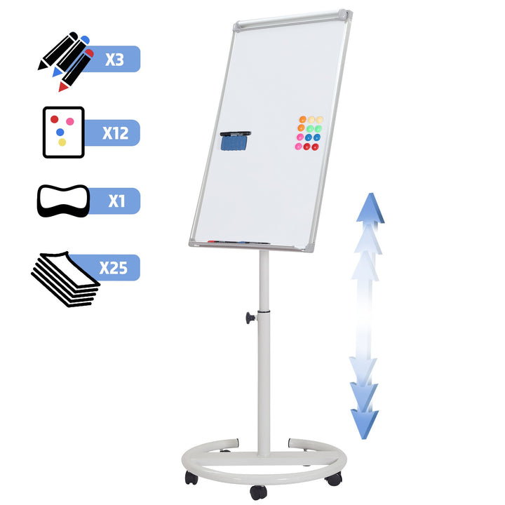 Whiteboard på stativ - højdejusterbar, 90x60 cm, pennebakke, 3 markører