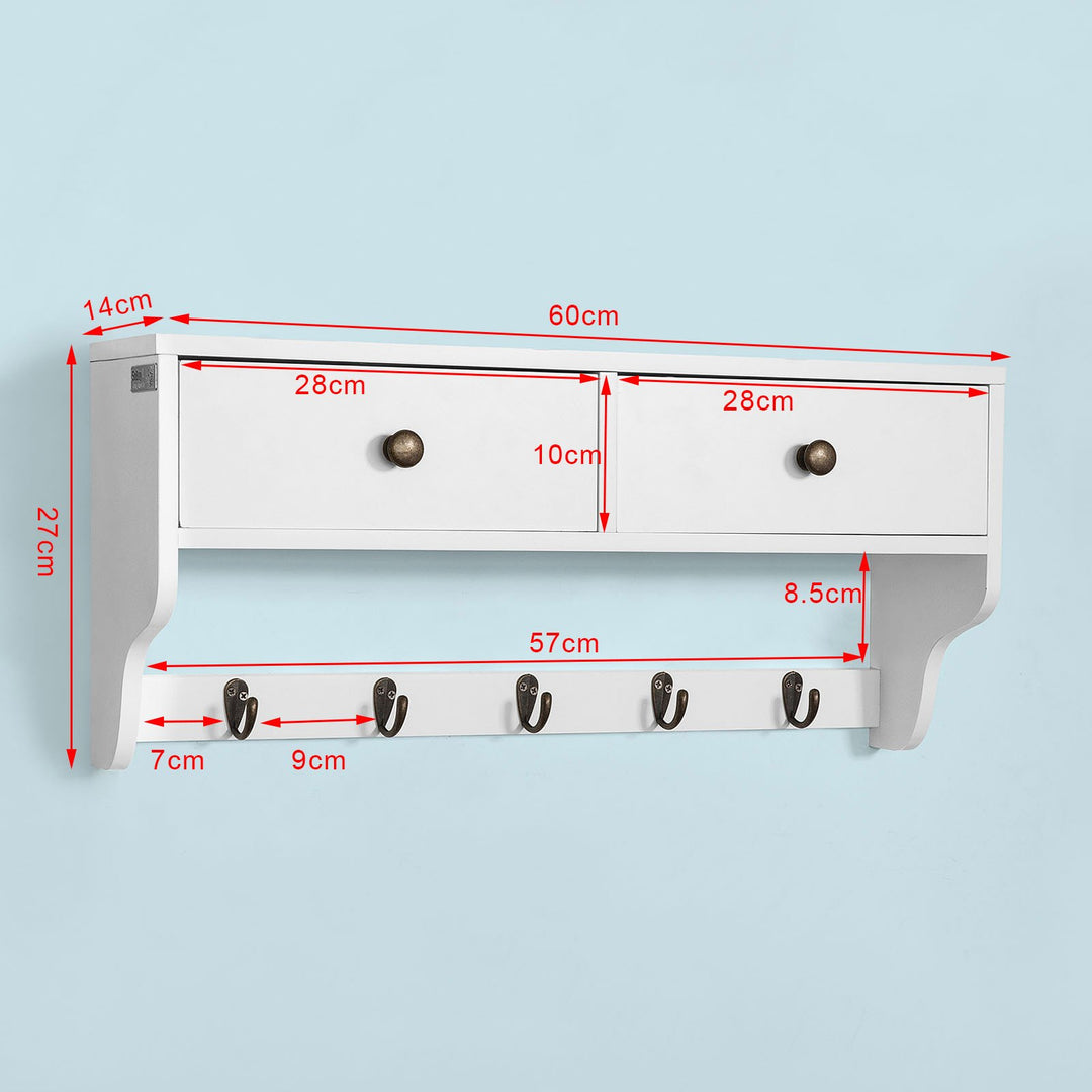 Knagerække med 2 skuffer, 60X14 cm, hvid