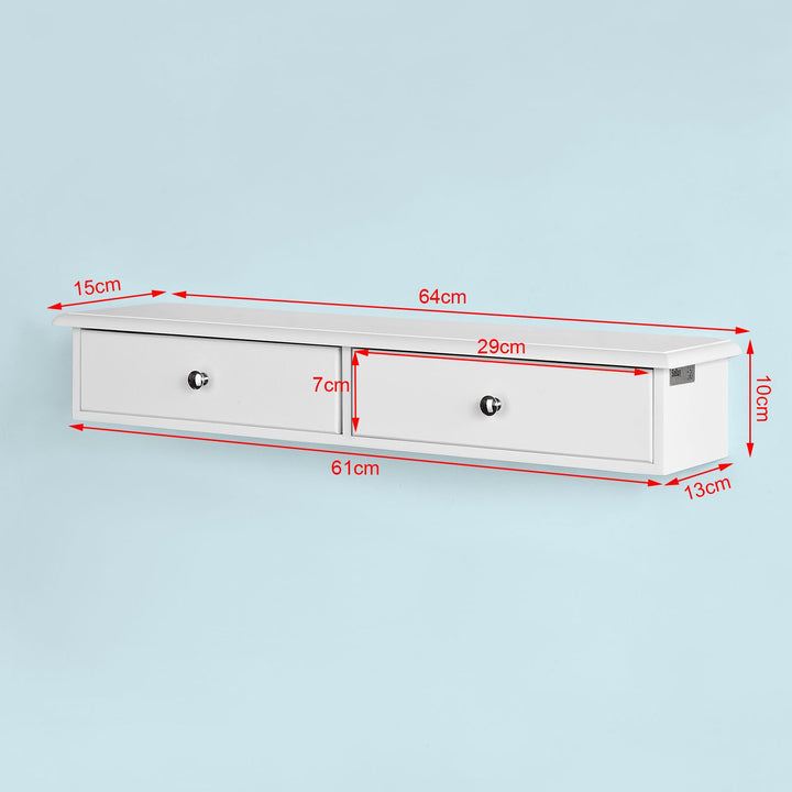 Vægreol med 2 skuffer, 63,5 x 15 x 10 cm, hvid