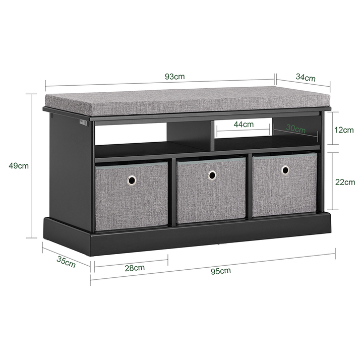 Skobænk med 3 kurve, 35 x 49 x 95 cm, sort med grå hynde og kurve