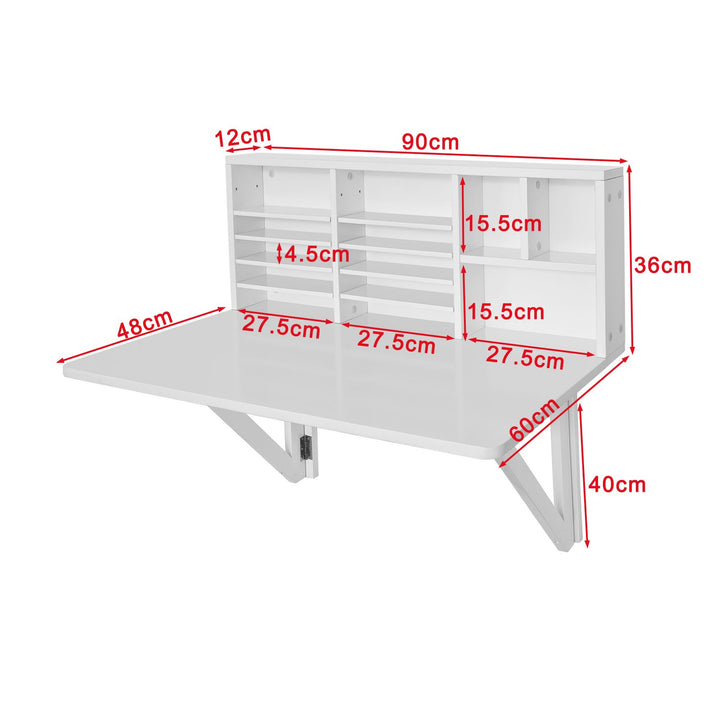 Vægbord / skrivebord med reol, hvid