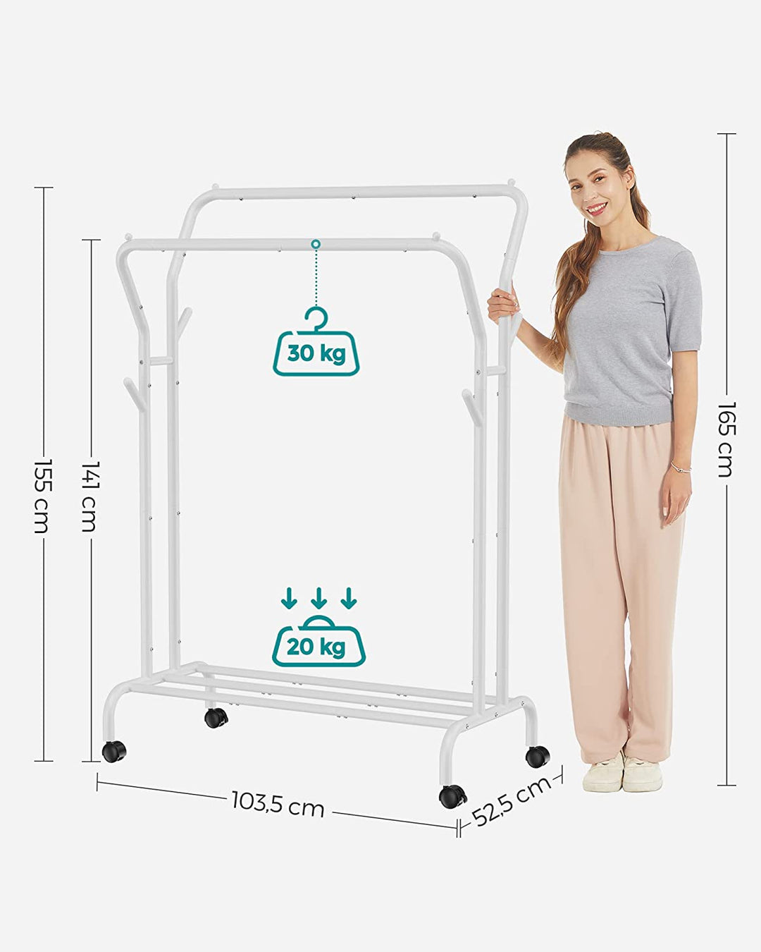 Elegant tøjstativ i hvidt stål: 52,5 x 103,5 x 155 cm - Perfekt til garderoben og entréen!