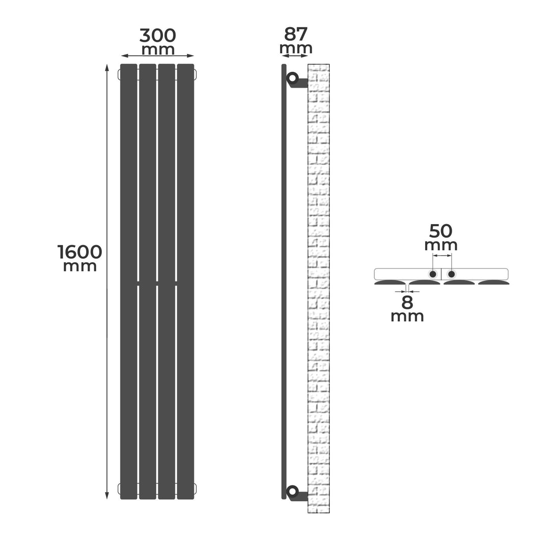 Aquamarine® Design Radiator - Lodret, Enkeltlag, 4 Segmenter, 1600x300x52 mm, hvid