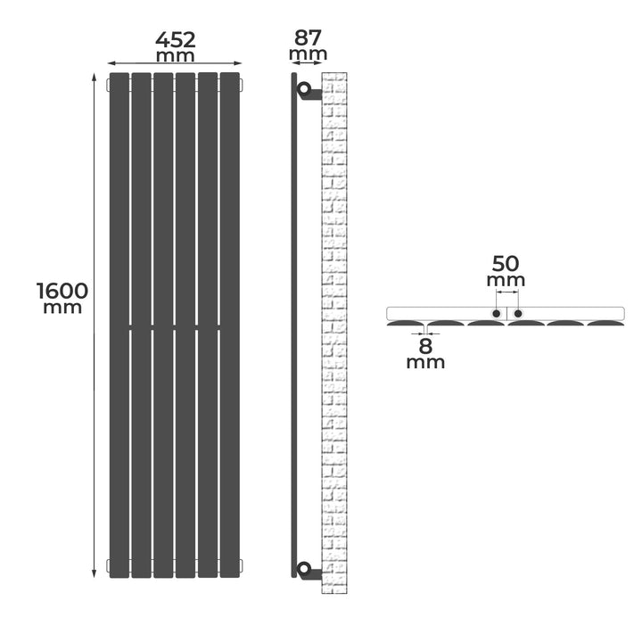 Aquamarine® Design Radiator - Lodret, Enkeltlag, 6 Segmenter, 1600x452x52mm, hvid