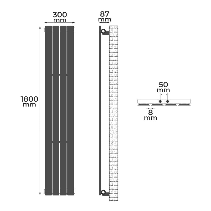 Slank, lodret panelradiator, enkeltlag, 1800x300x52 mm, hvid