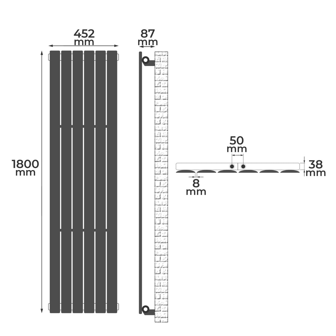 Lodret panelradiator,  flad enkeltlags, 1800x452 mm, 888W, centerforbindelse, stål, antracit-grå