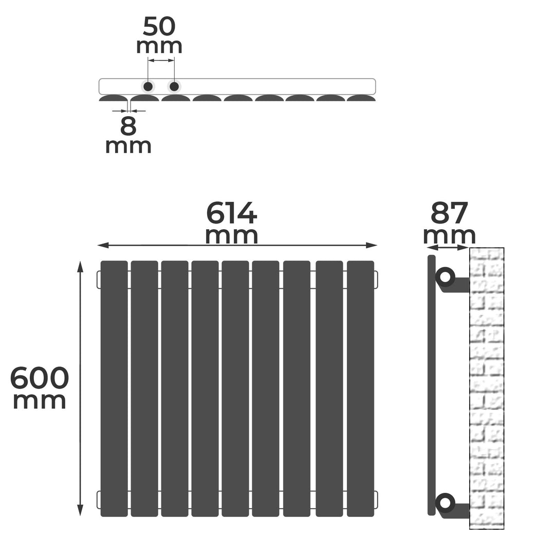 Aquamarine® radiator - vandret, enkeltlag, 9 segmenter, 600x614x52 mm, centralvarme, hvid