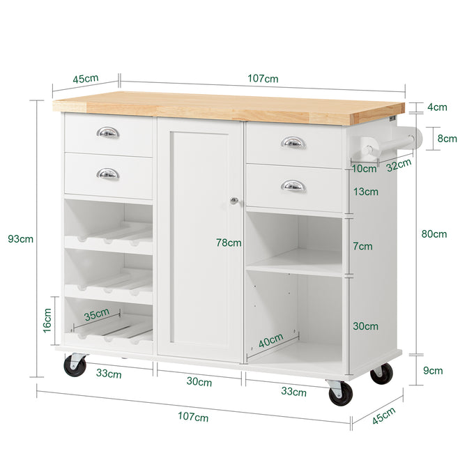 Køkkenø på hjul / serveringsvogn med skuffer, 107 x 45 x 93 cm, hvid
