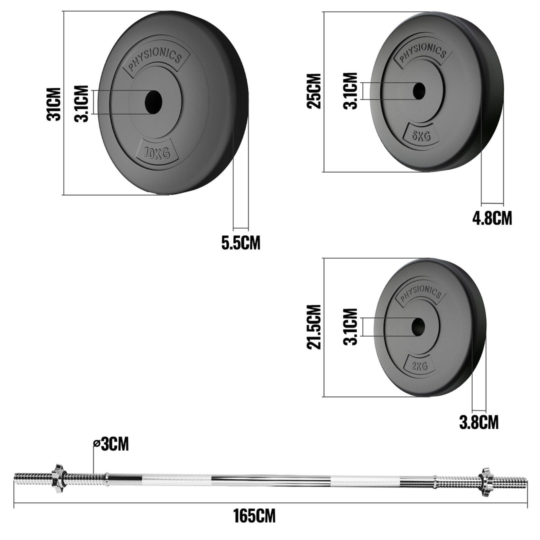 Vægtstangssæt - 60 kg, vægtstang (165 cm, 30 mm, stjernelåse, op til 500 kg), vægtskiver (31 mm, plast)