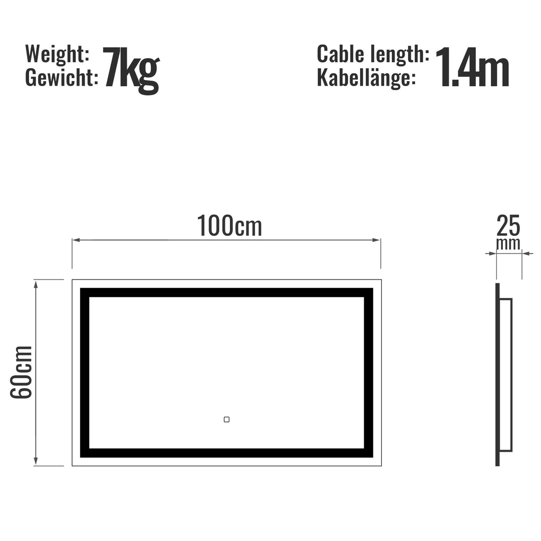 Aquamarin® LED badeværelsesspejl, 100x60 cm, dugfrit, dæmpbart, EEK A++, energibesparende, hukommelsesfunktion