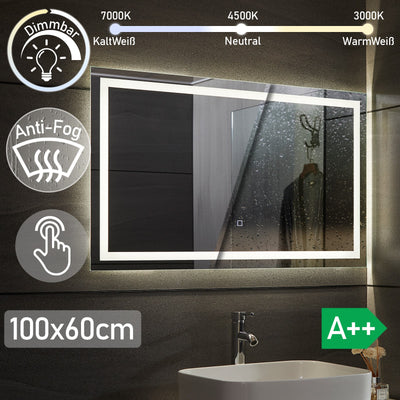Aquamarin® LED badeværelsesspejl, 100x60 cm, dugfrit, dæmpbart, EEK A++, energibesparende, hukommelsesfunktion