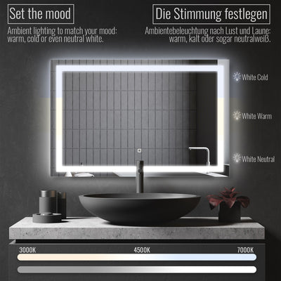 LED badeværelsesspejl, 100 x 70 cm, dugfri, dæmpbar, EEK A++, energibesparende, med hukommelsesfunktion