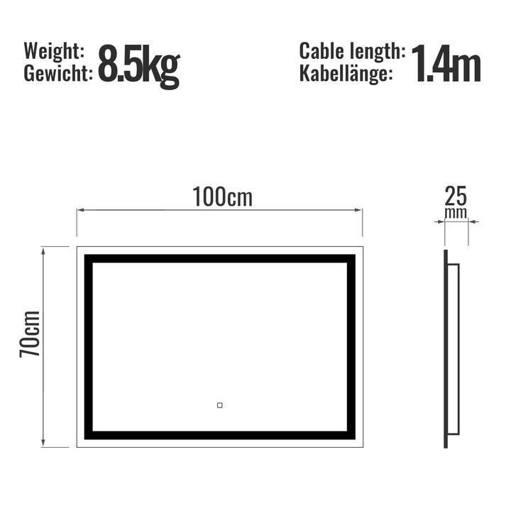 LED badeværelsesspejl, 100 x 70 cm, dugfri, dæmpbar, EEK A++, energibesparende, med hukommelsesfunktion