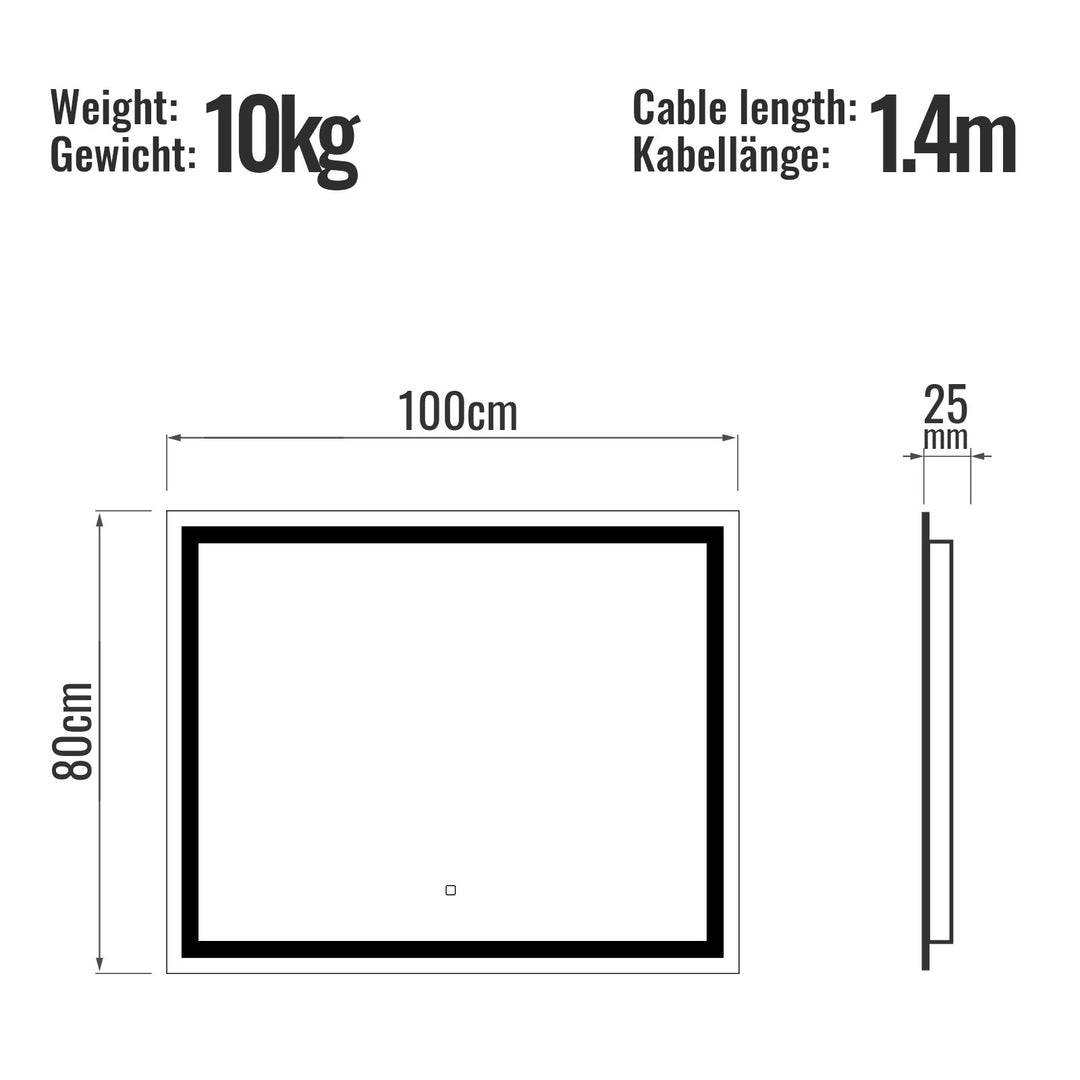 Aquamarin® LED Badeværelsesspejl - 100x80 cm, Dugfrit, Dæmpbart, Energibesparende med Hukommelsesfunktion (EEK A++)