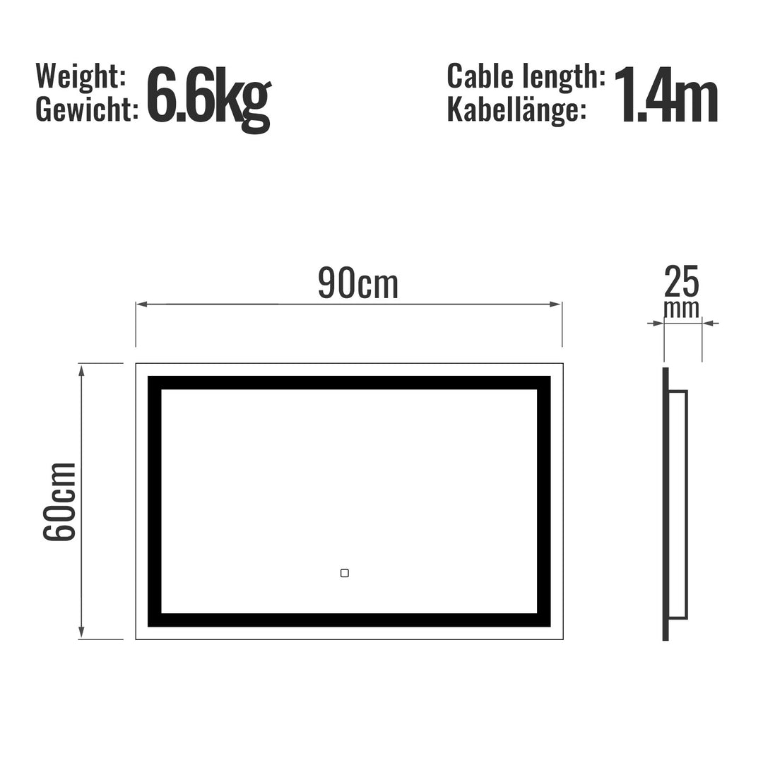 Aquamarine® LED badeværelsesspejl, 90 x 60 cm, dugfrit, dæmpbart, makeupspejl med led touch funktion