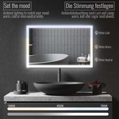 Aquamarine® LED badeværelsesspejl - 100x60 cm, dugfrit, dæmpbart med touch
