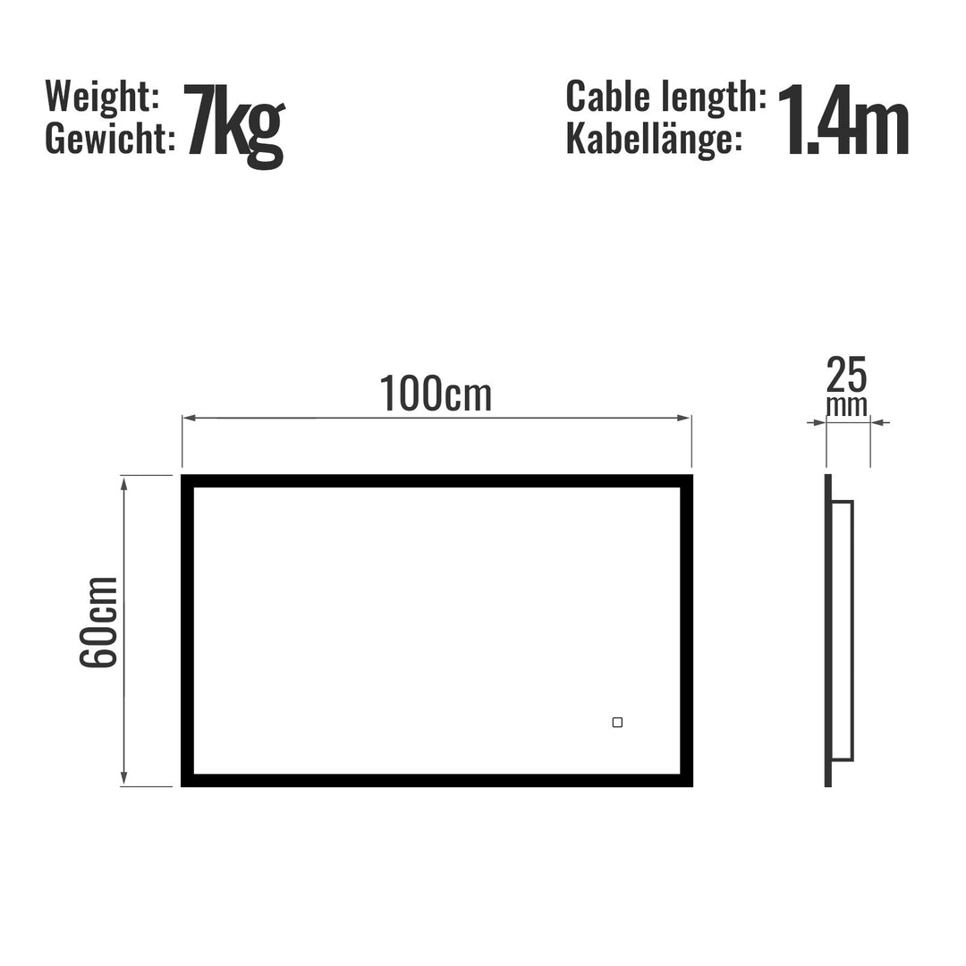 Aquamarine® LED badeværelsesspejl - 100x60 cm, dugfrit, dæmpbart med touch