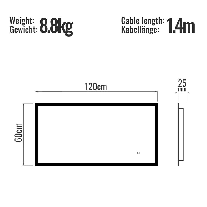 Aquamarine® LED badeværelsesspejl - 120x60 cm, dugfrit, dæmpbart med LED touch funktion