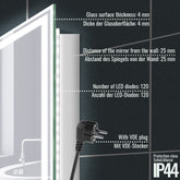 Aquamarine® LED badeværelsesspejl - 120x60 cm, dugfrit, dæmpbart, energibesparende, digitalt ur og dato