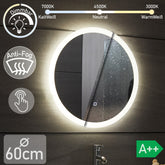 Aquamarine® LED badeværelsesspejl - 60 cm, rundt, dugfrit, dæmpbart, med touch