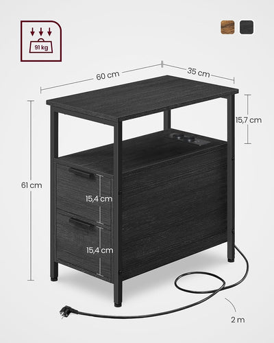 Sengebord / sidebord med Strømstik, 2 skuffer, antracit grå og sort
