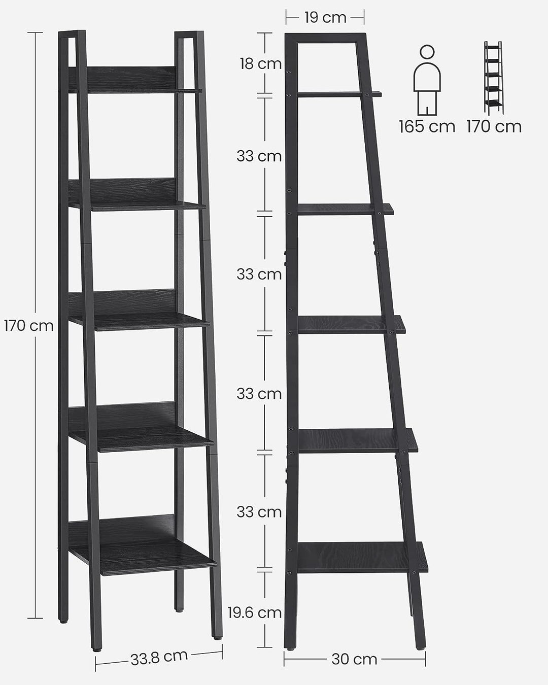 Stigereol, 5-lags, industriel, L33,8xB30xH170 cm, sort