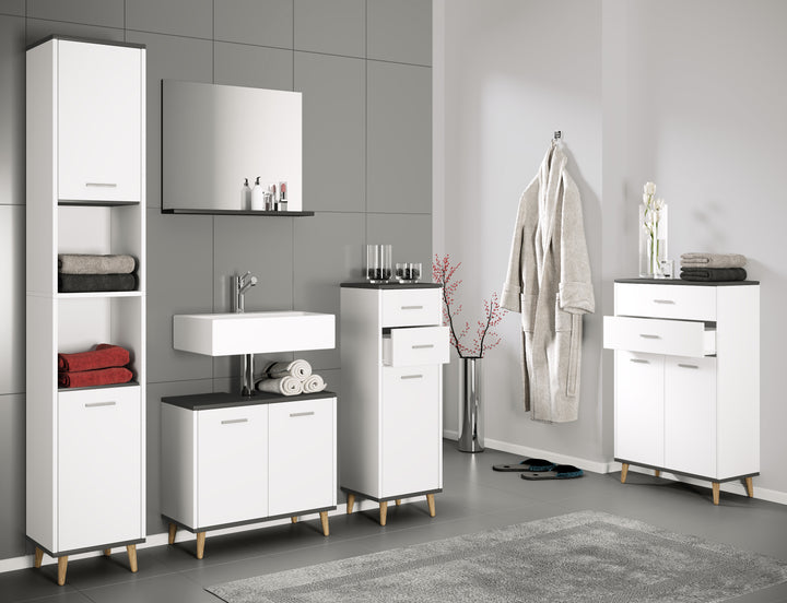 Badeværelsesmøbelsæt med 4 dele, underskab med vask, vægspejl, højt og mellemhøjt skab