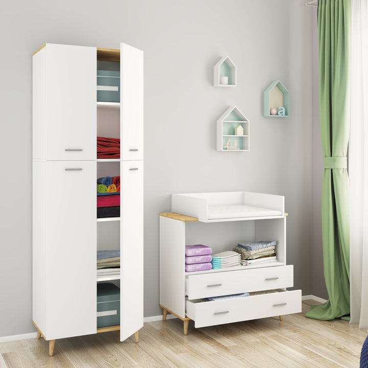 Puslebord med 2 skuffer, hvid med naturfarvet ben