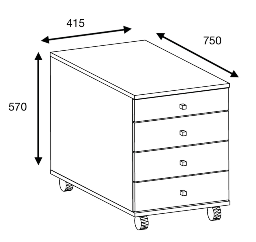 Arkivmøbel, kommode med hjul og 4 skuffer til kontoret, H. 57 x B. 42 x T. 80 cm, grå