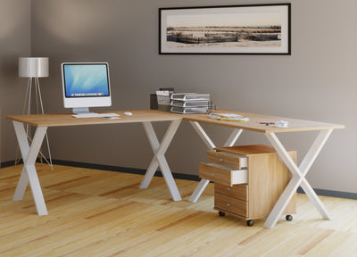 Hjørneskrivebord, 160x160x80 X-base, bordplade i naturfarve