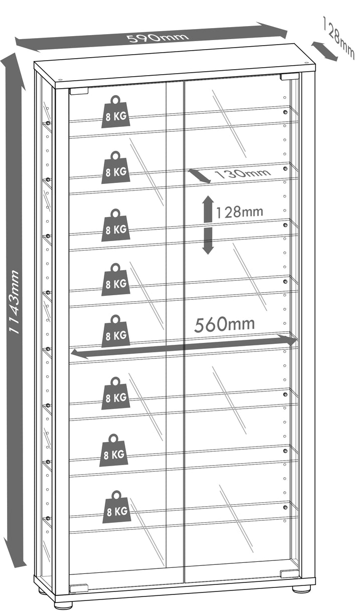 Vitrineskab med Spejl | Inkl. Led Lys, 115 x 59 x 18 cm, farve: hvid