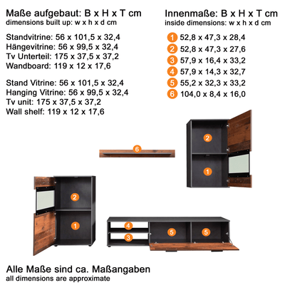 Komplet reol bestående af 4 enheder, der kan placeres som vist eller placeres individuelt. Fronter i old wood og korpus i matera/antrasit kunstfiner