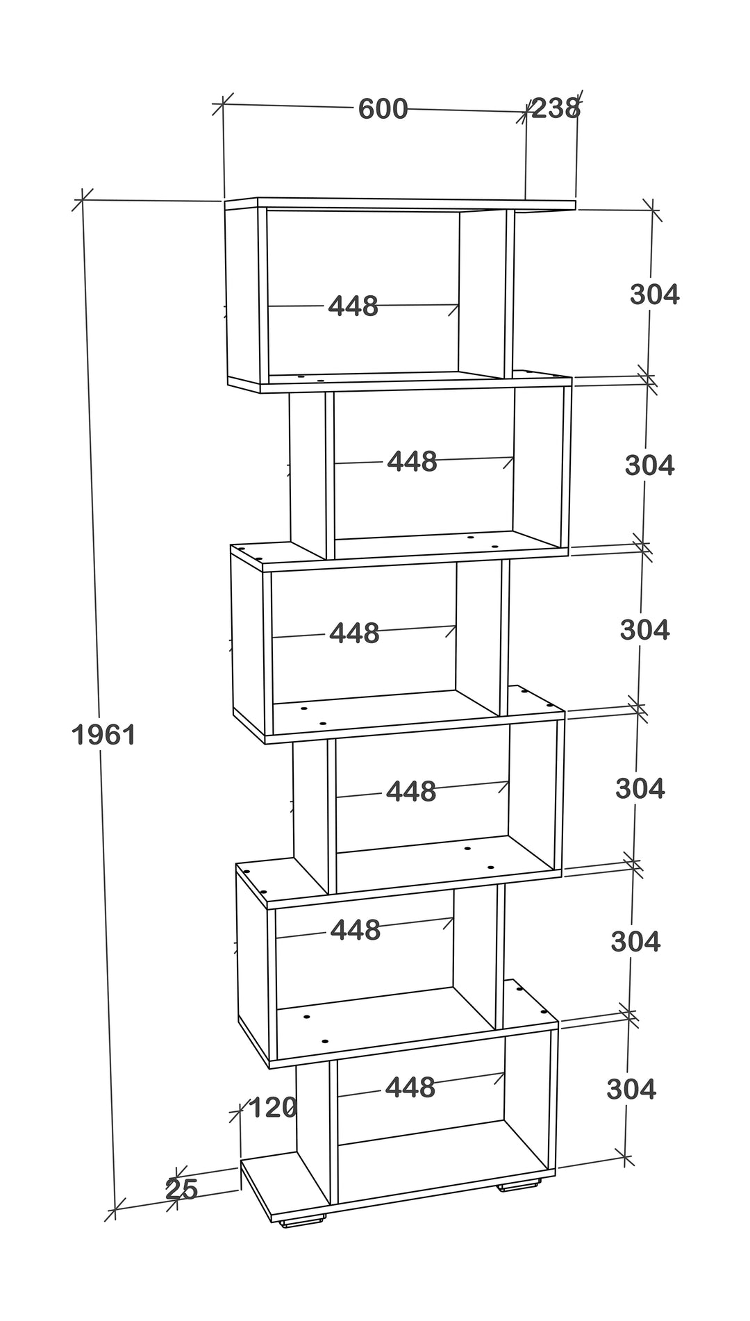 Dekorativ zig-zag reol, 196 x 60 x 24 cm, antracit grå