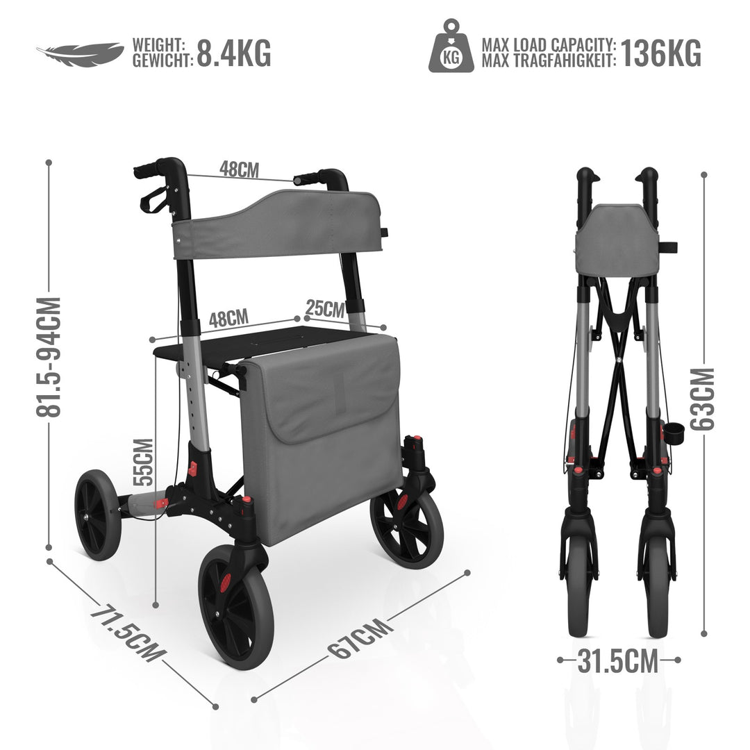 Rollator med højdejusterbart sæde med ryglæn, letvægt, bremser, indkøbstaske, stokholder, grå