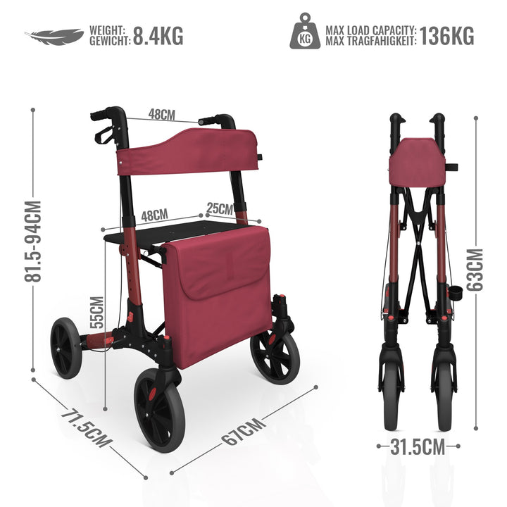 Rollator - sæde med ryglæn, foldbar, letvægts, indkøbstaske, stokholder, rød