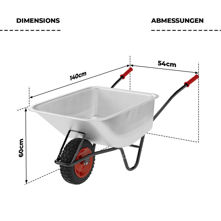 Trillebør - galvaniseret, med pneumatiske dæk, tippefunktion, 100 liter, 210 kg