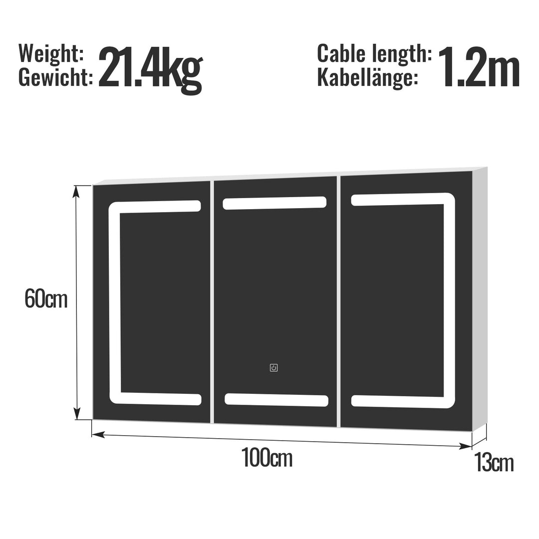 Aquamarin® spejlskab med LED-belysning - 3 døre, med berøringsafbryder, fatning, dæmpbar, varm hvid/neutral/kold hvid