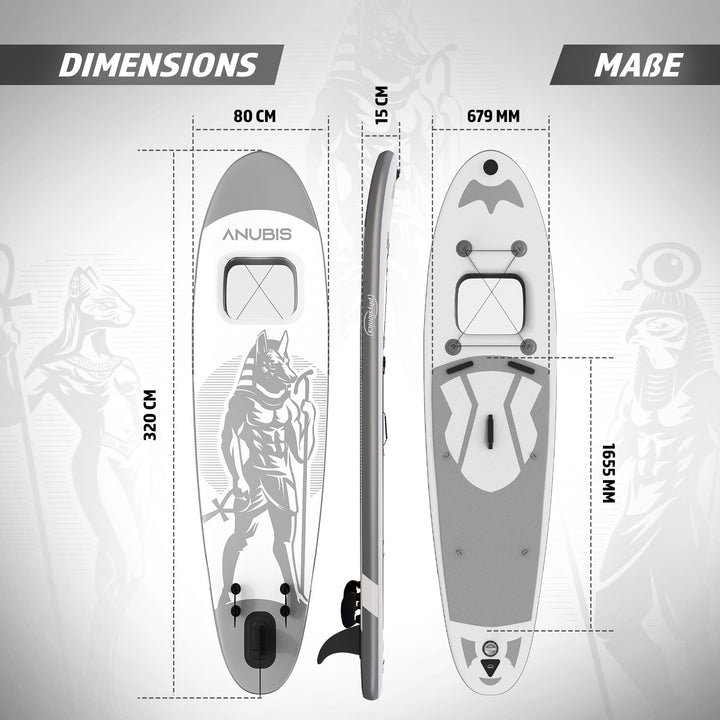 SUP Board - 320x80x15 cm, oppustelig, med kajaksæde, padle, rygsæk, finne, reparationssæt, pumpe, kameraholder, letvægts, sølv