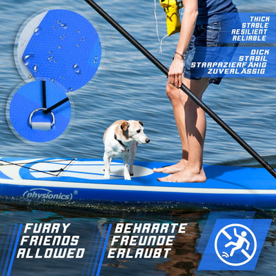 Stand Up Paddle Board - 320 x 80 x 15 cm, oppustelig, justerbar pagaj, håndpumpe med trykmåler, snor, rygsæk, reparationssæt, blå