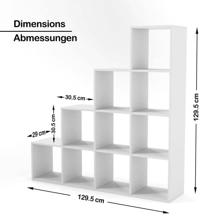 Multifunktionel Trappehylde, 10 Rum, 29 x 130 x 130 cm, Hvid - Bogreol & Rumdeler