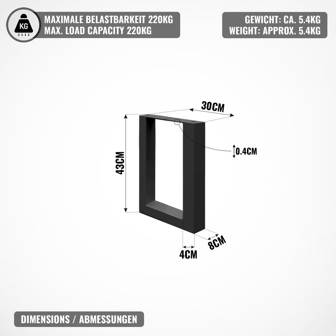 Bordstel - sort, 30x43 cm, fremstillet af stål, industrielt, til spisebord/sofabord/skrivebord, rektangulært