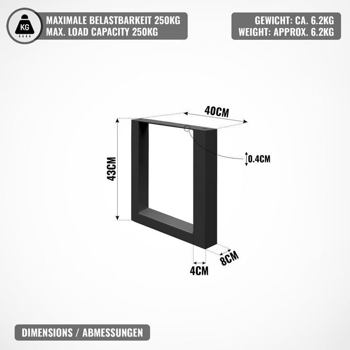 Bordstel - sort, 40x43 cm, fremstillet af stål, industrielt, til sofabord, rektangulært, stabilt